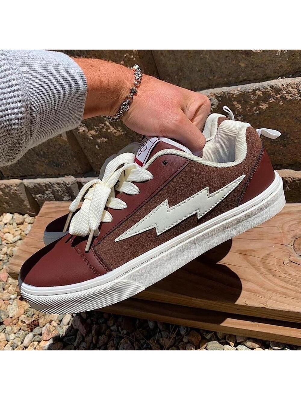 Y2k style Skater Streetwear Brown with White lightning bolt grey sneakers. Nice - Picture 7 of 8